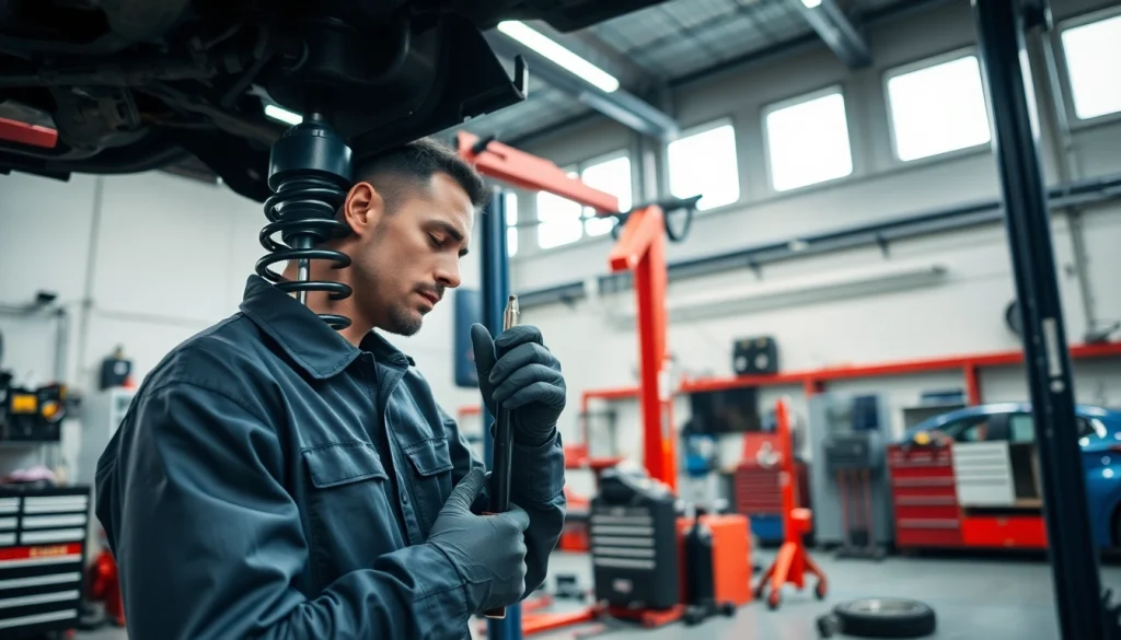 Inspecting reparacion suspension with a focused technician in a bright garage setting.