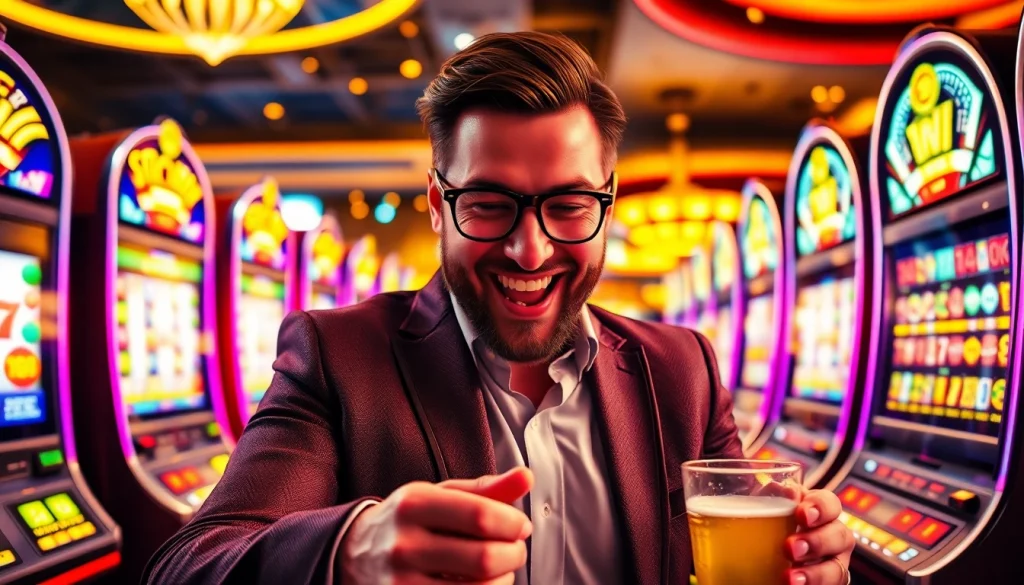 Menggambarkan pemain QQAXIOO slot yang merayakan kemenangan besar di kasino.