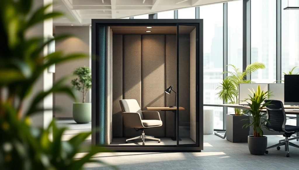 View inside an acoustic work pod featuring soundproof design and ergonomic workspace.