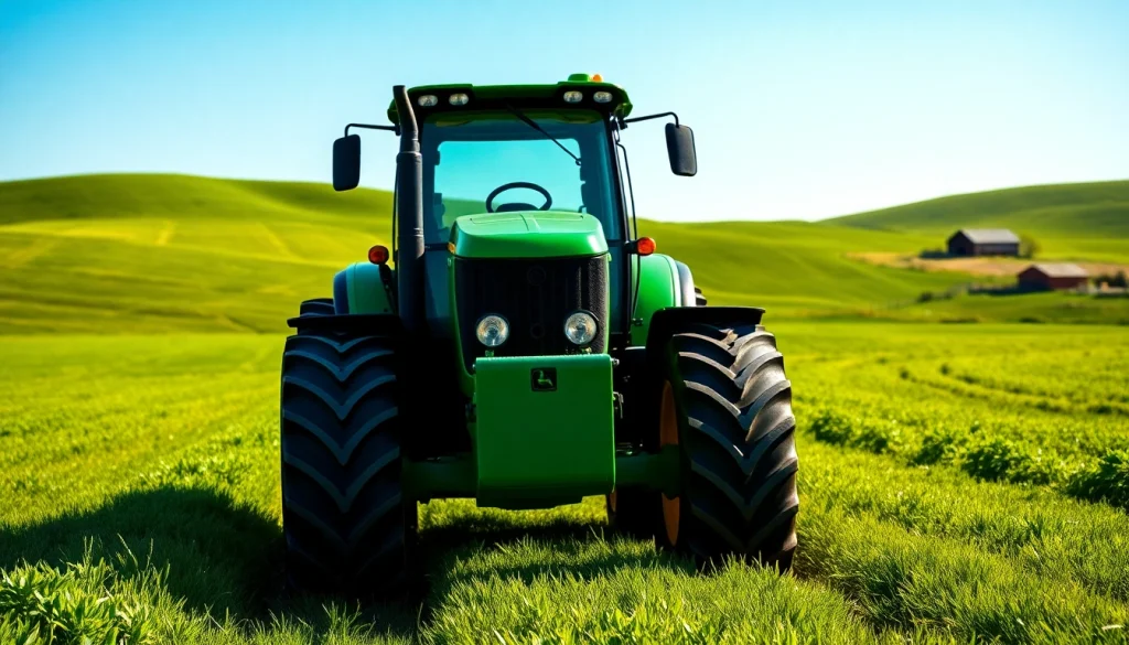 John Deere Traktor im ländlichen Umfeld mit saftigen Wiesen und klarem Himmel.