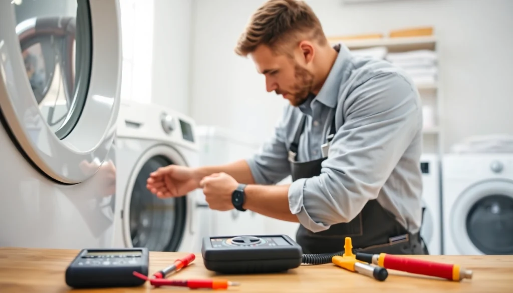 Technician performing dryer repair, showcasing expert handling and tools in a clean home environment.