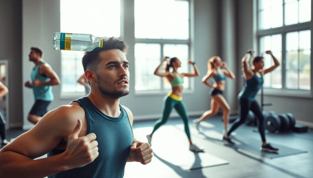 Post-workout hydration and stretching routine with diverse athletes in a sunlit gym environment.