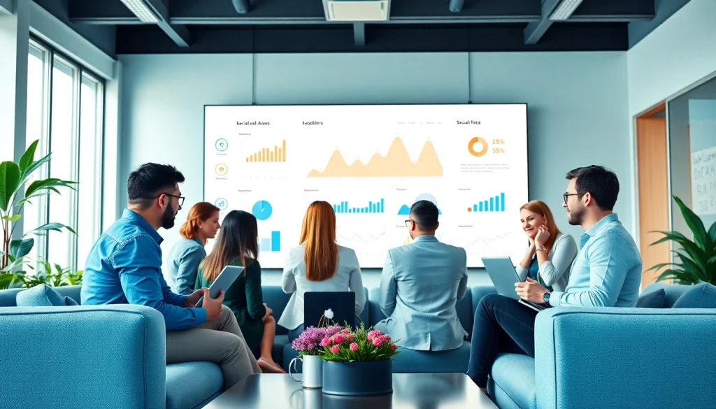 Creative brainstorming session at a social media agency showcasing teamwork and analytics