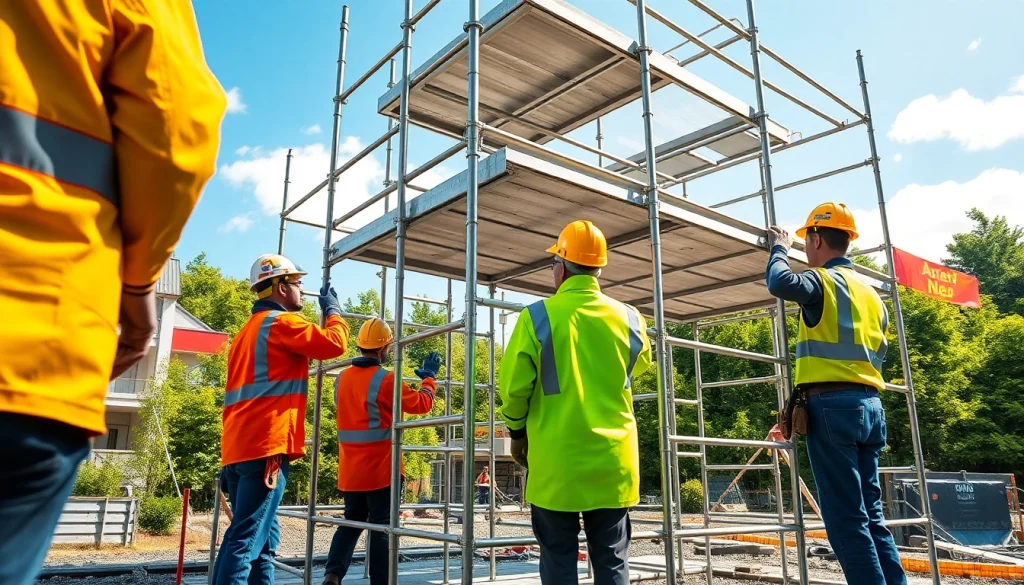 Workers installing Whangarei scaffolding at a bright construction site.