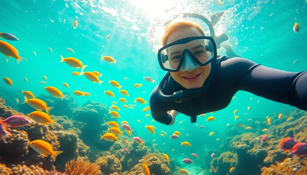 Engaging snorkeling puerto rico experience with a diver surrounded by tropical fish and coral reefs.