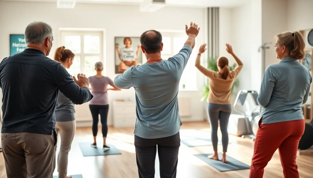 Therapist assists individuals with Rückenschmerzen in a peaceful exercise environment.