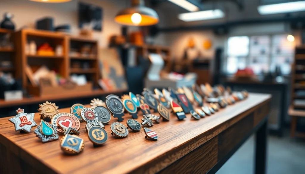 Showcasing unique lapel pins with intricate designs and vibrant colors on display.