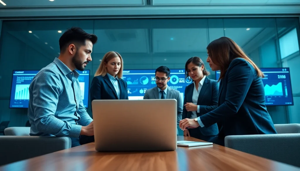 Utilize competitive intelligence insights with a diverse team analyzing market data in a modern office.