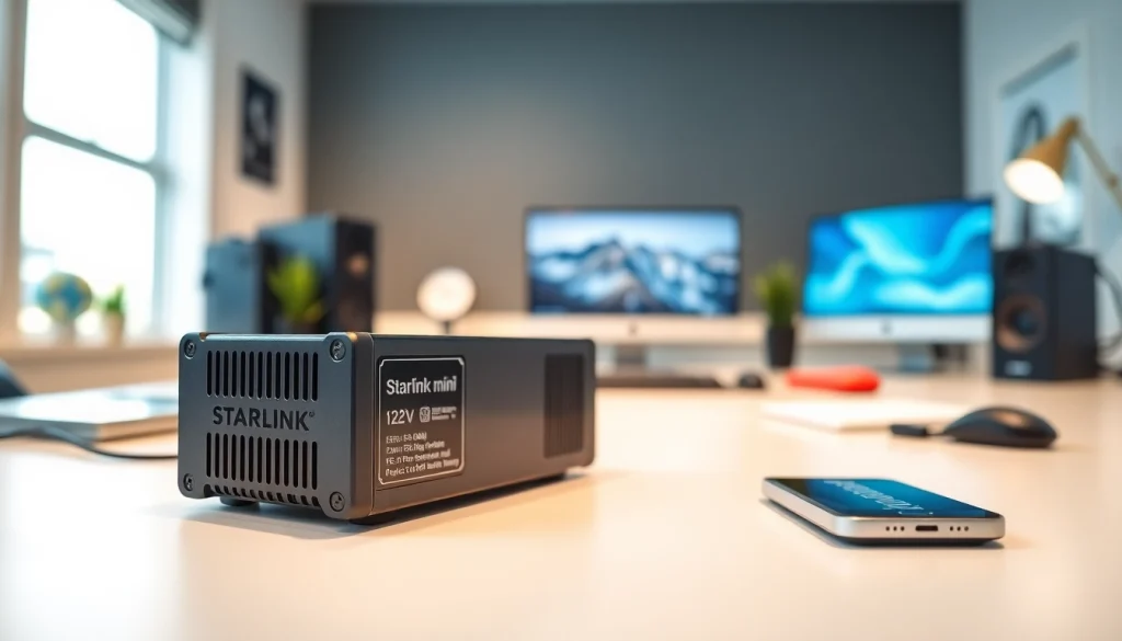 Starlink mini 12v power supply prominently displayed on a modern workspace, emphasizing its features.