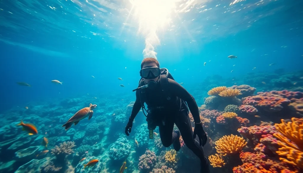 Diving in San Pedro Belize showcases a diver amidst vibrant coral reefs and marine life.