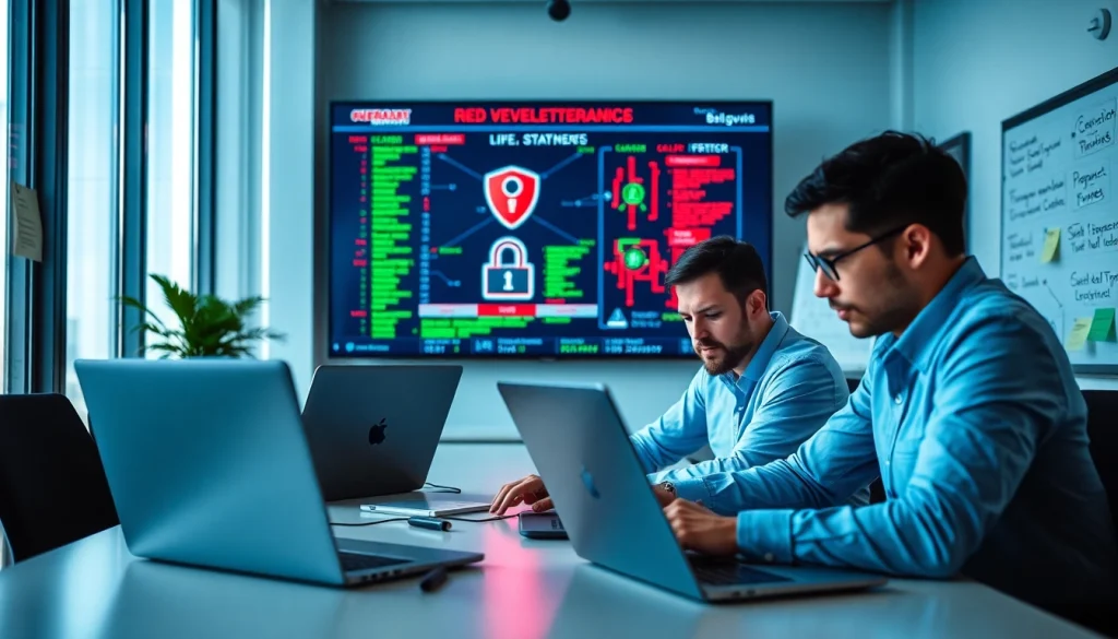 Red teaming Analyse durch Experten in einem modernen Büro mit Technologie und Strategien.