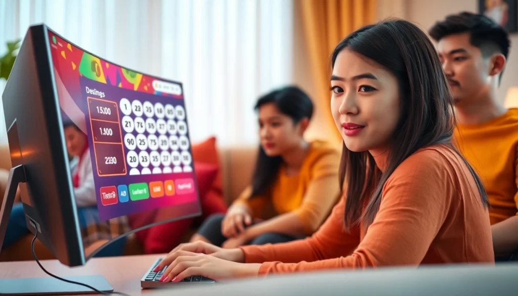 Engaged players buying 4D online tickets with excitement in a cozy living room.