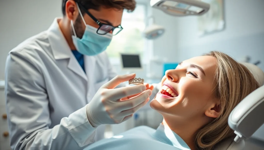 Dentist demonstrating dental crowns to a relaxed patient in a professional setting.