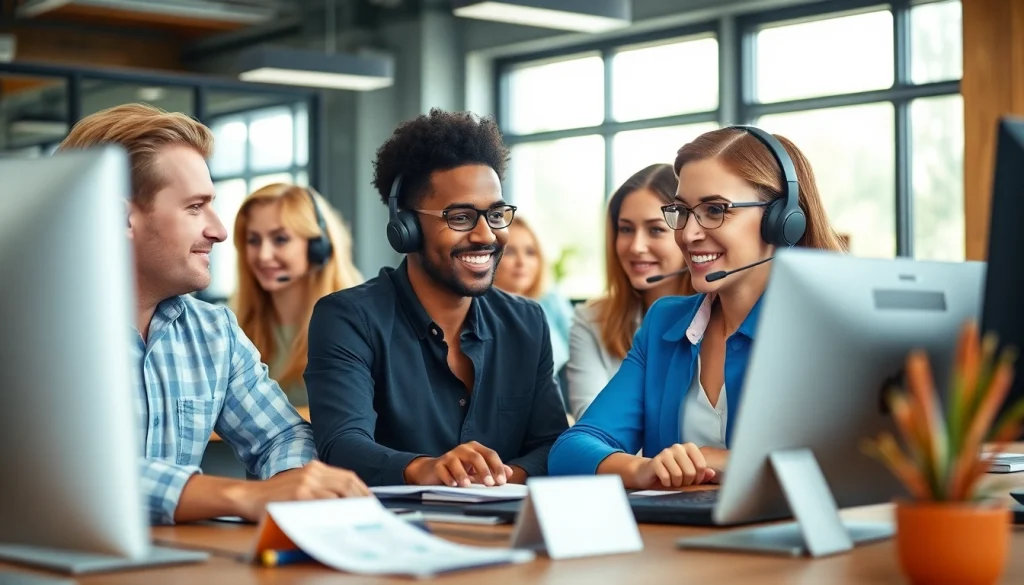 Callzent agents providing exemplary customer service in a modern office environment.