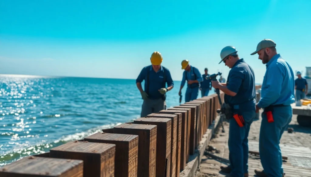 Performing bulkhead repair with skilled professionals at a waterfront site.