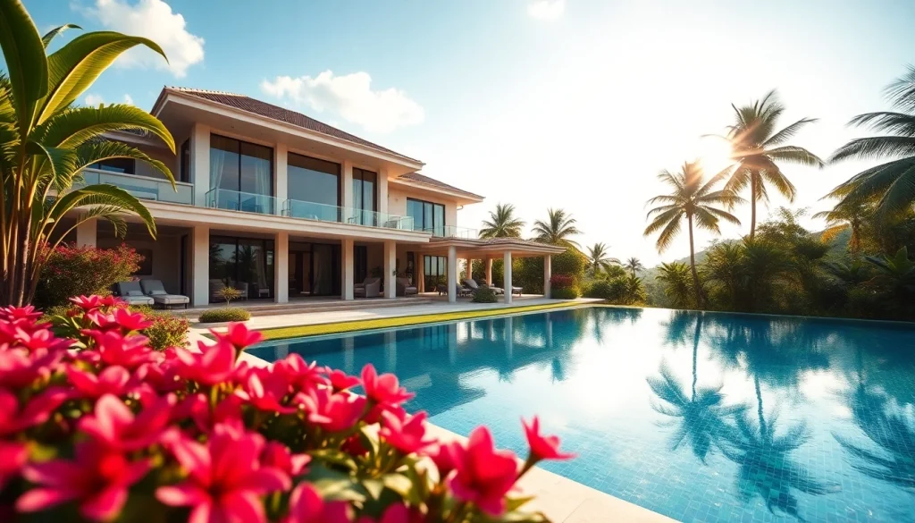 Showcasing villa sales, this stunning luxury villa exudes elegance in a tropical setting.