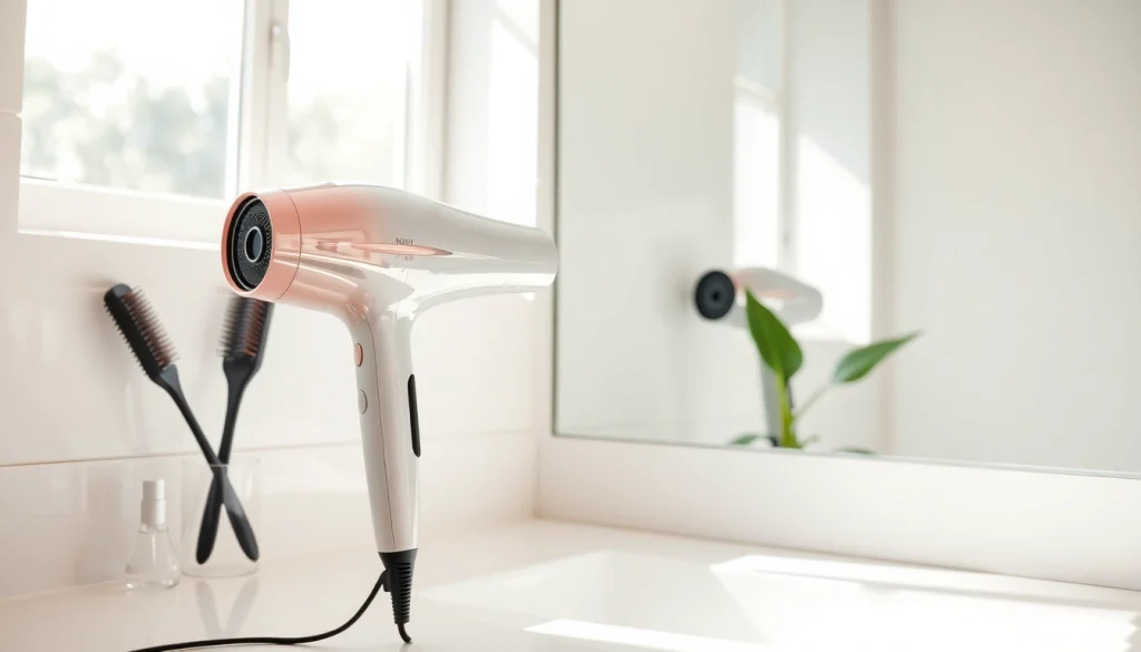 Use a hair dryer for efficient styling in a bright, modern bathroom setting.