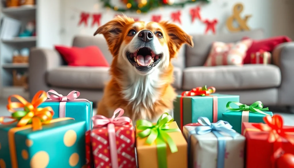 Discover joyful gift ideas for dog owers with a playful dog and vibrant presents.