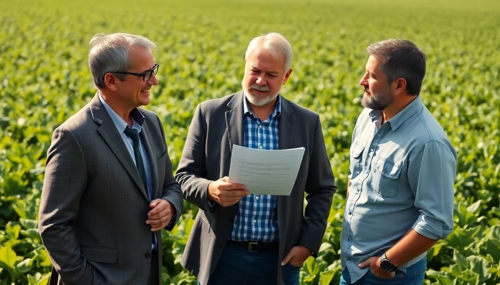 Engaging discussion on agricultural law between an attorney and a farmer in a field.