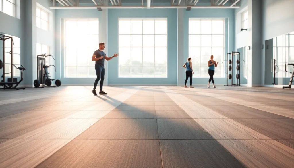 Piso para gym con equipo de gimnasio en un área de ejercicio iluminada y organizada.