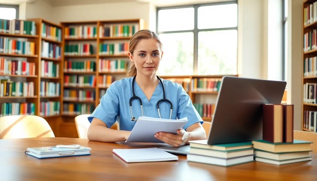 Nursing CEUs for professional development in a study environment with books and a laptop.