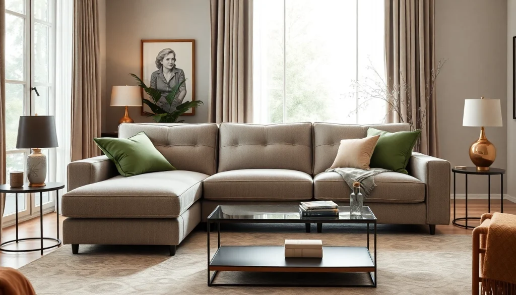 Elegantes ecksofa mit schlaffunktion in einem modernen Wohnzimmer, umgeben von stilvollem Dekor.