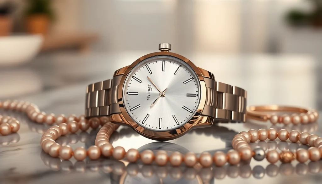 Damen Armbanduhr in elegant Präsentation mit feinen Accessoires und natürlichem Licht