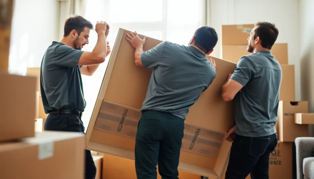 Movers calgary working collaboratively to relocate furniture in a bright home setting.
