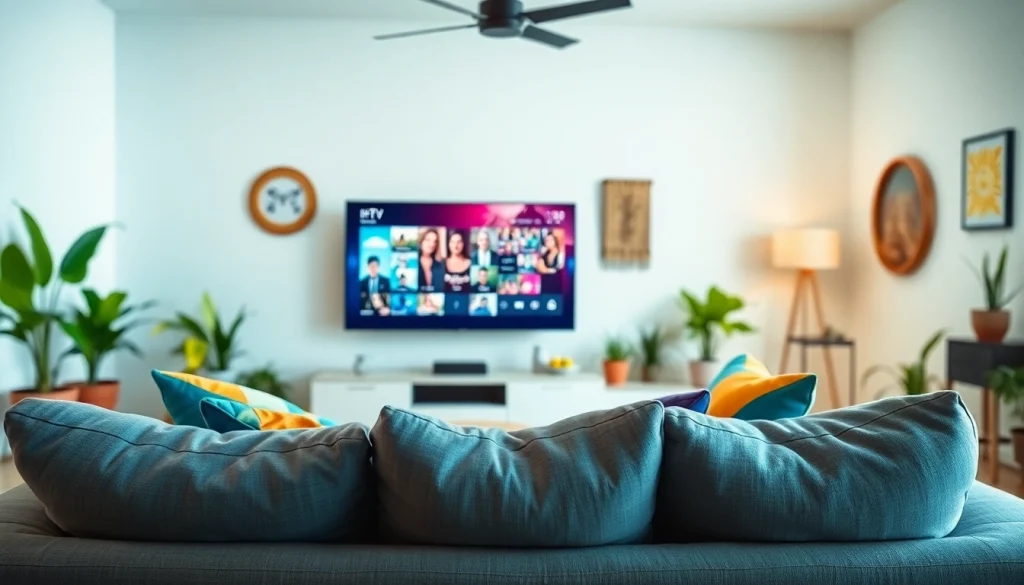 Abonnement IPTV en direct dans un salon moderne avec ambiance agréable.