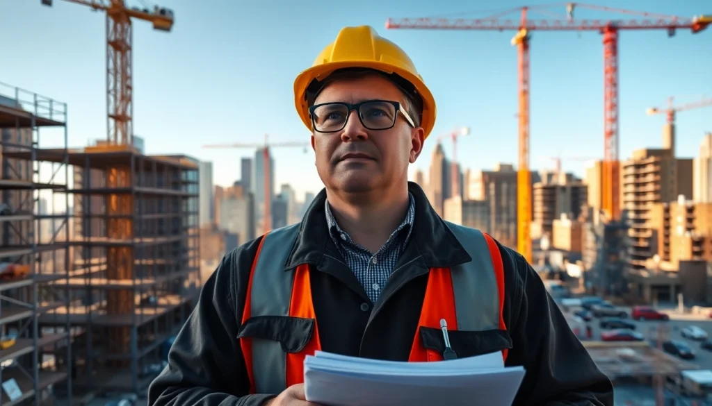 New York Construction Manager supervising a construction site filled with activity and cranes.