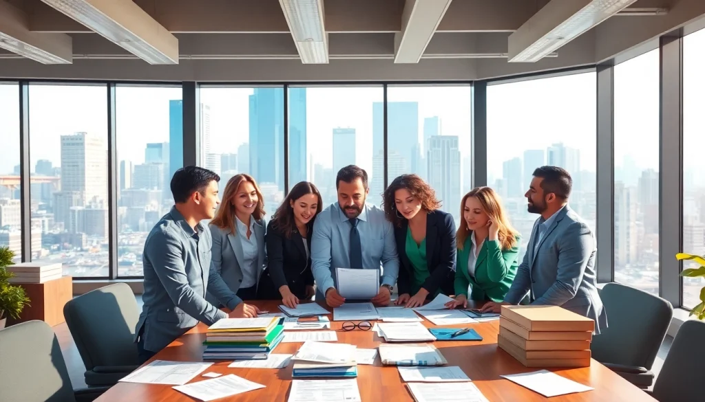 Showcasing experts in Customs Clearance Services discussing documentation in a modern office.