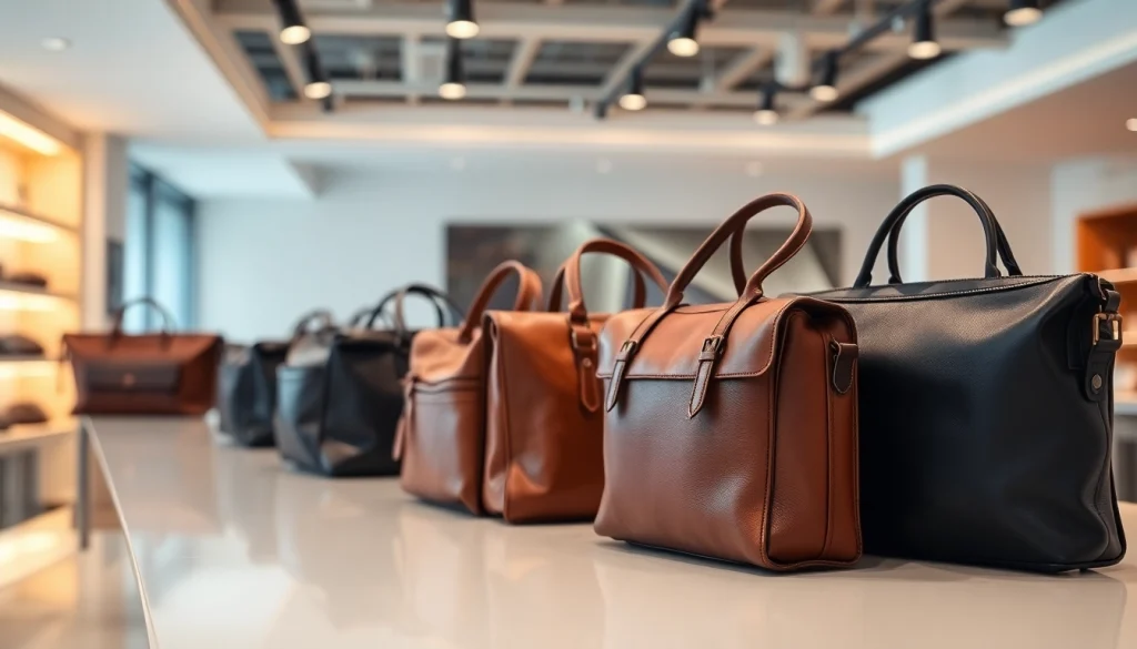 Contact Us For Premium Leather Bags Export with elegant leather bags in a chic showroom setting.