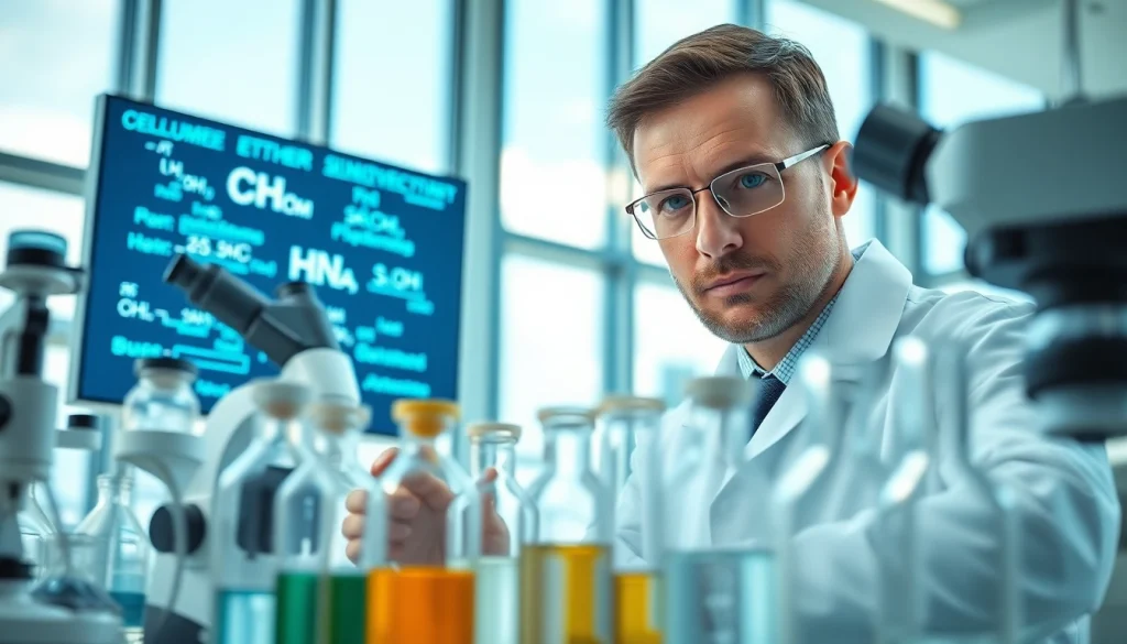 Investigating cellulose ethers in a well-lit laboratory with scientific equipment.