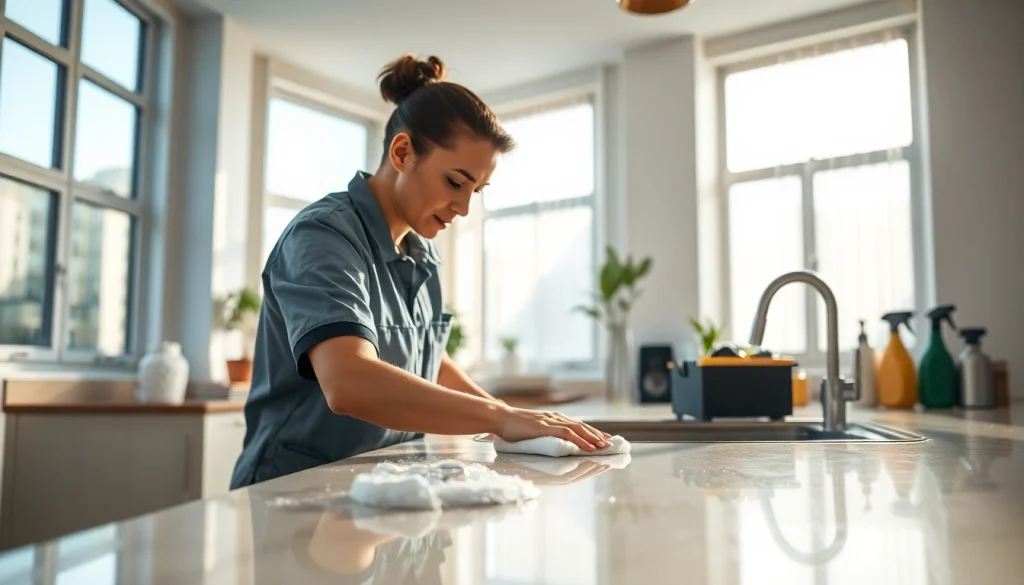 Bond cleaning Logan service professional diligently cleaning a kitchen countertop in a bright setting.