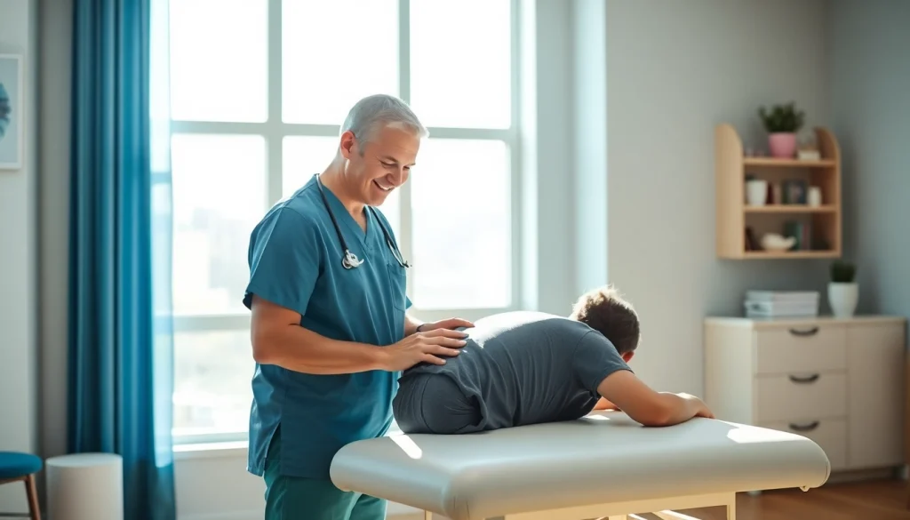 Reassuring San Jose Chiropractor adjusting a patient's spine in a bright clinic.