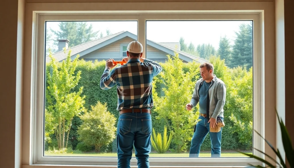 Technicians performing window replacement Tigard Oregon in a modern home setting with lush landscaping.