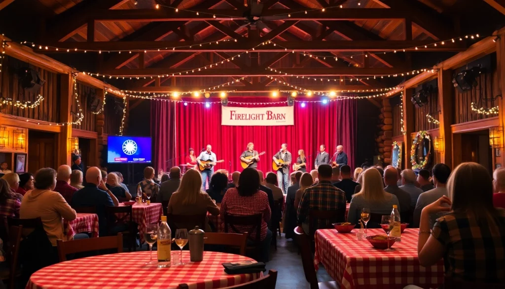 Experience the vibrant atmosphere at Firelight Barn with live performances and BBQ dining.