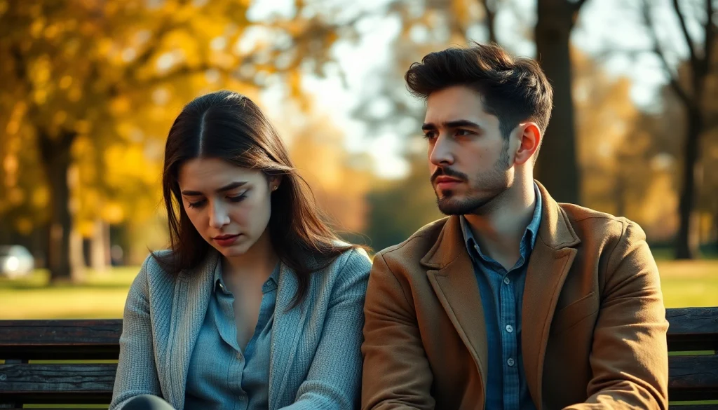 Depicting the emotional impact of a relationship breakup, a couple struggles with their feelings on a park bench.