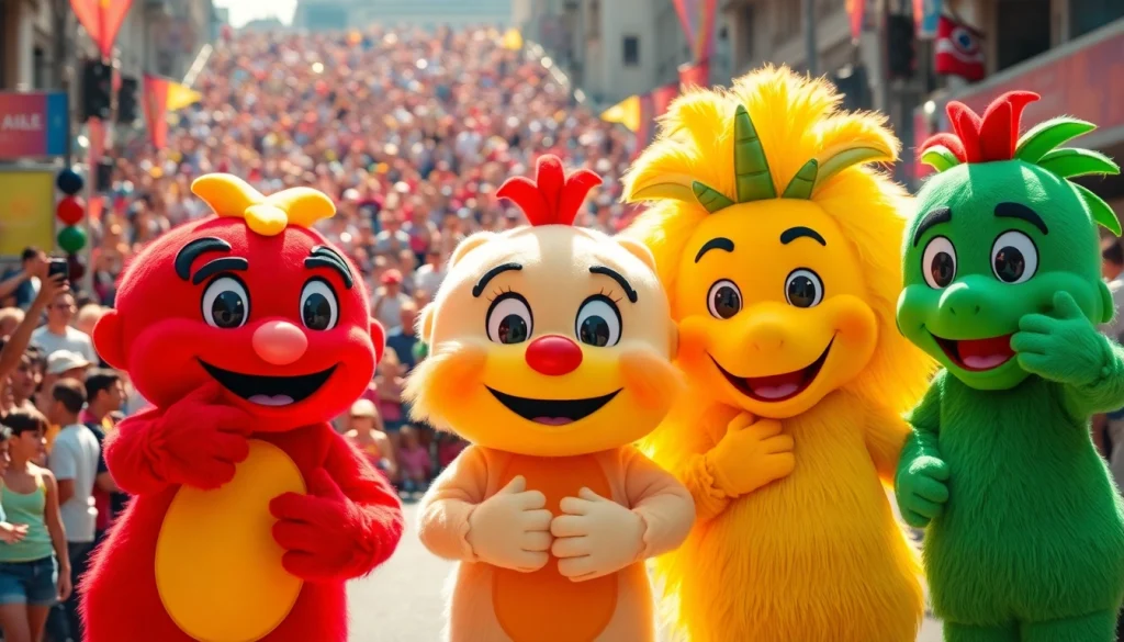 Cheerful mascots showcasing their vibrant costumes at a lively parade, radiating energy and joy.