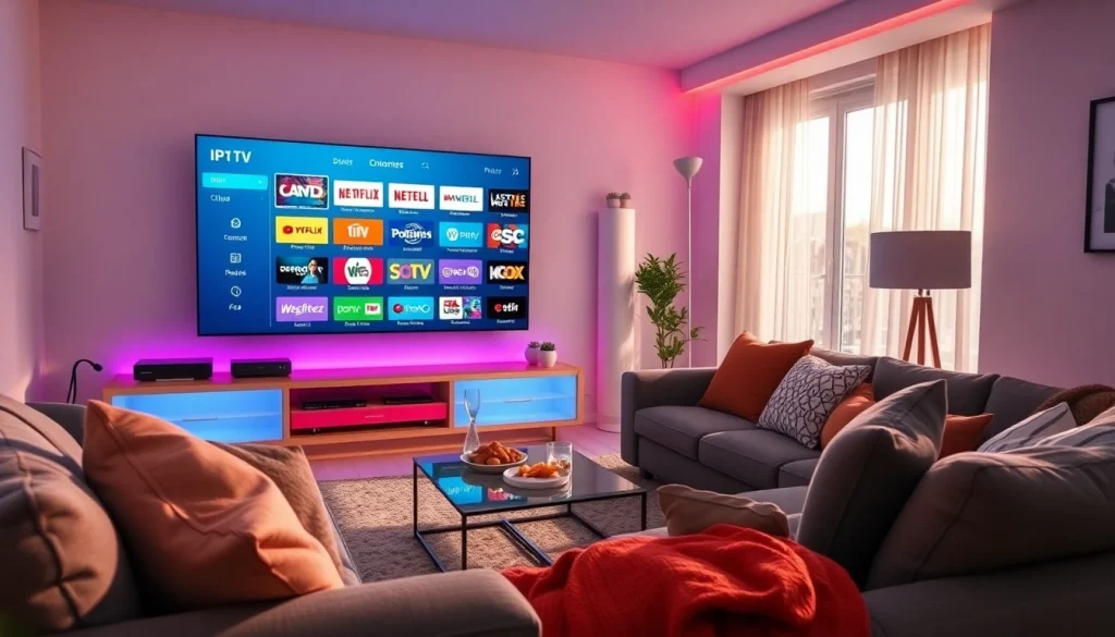Comprar IPTV en una moderna sala de estar con pantalla grande y ambiente acogedor.