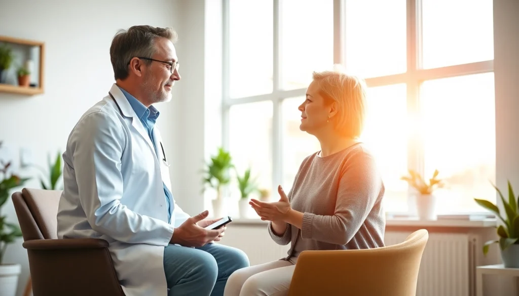 Psychiatrist consulting with a patient in a calming office setting, promoting mental health care.