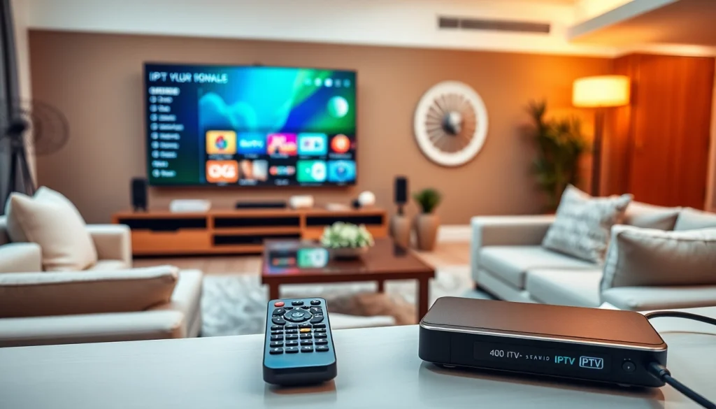 Comprar IPTV con instalación profesional en un moderno salón con TV y cables de alta velocidad.