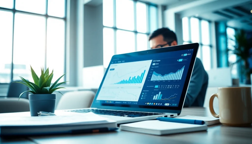 Marketer analyzing SEO data in a bright office, showcasing search optimization company expertise.