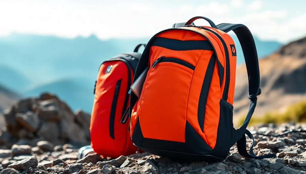 Wasserdichter Rucksack Laptop Damen auf einem Felsen in der Natur dargestellt.