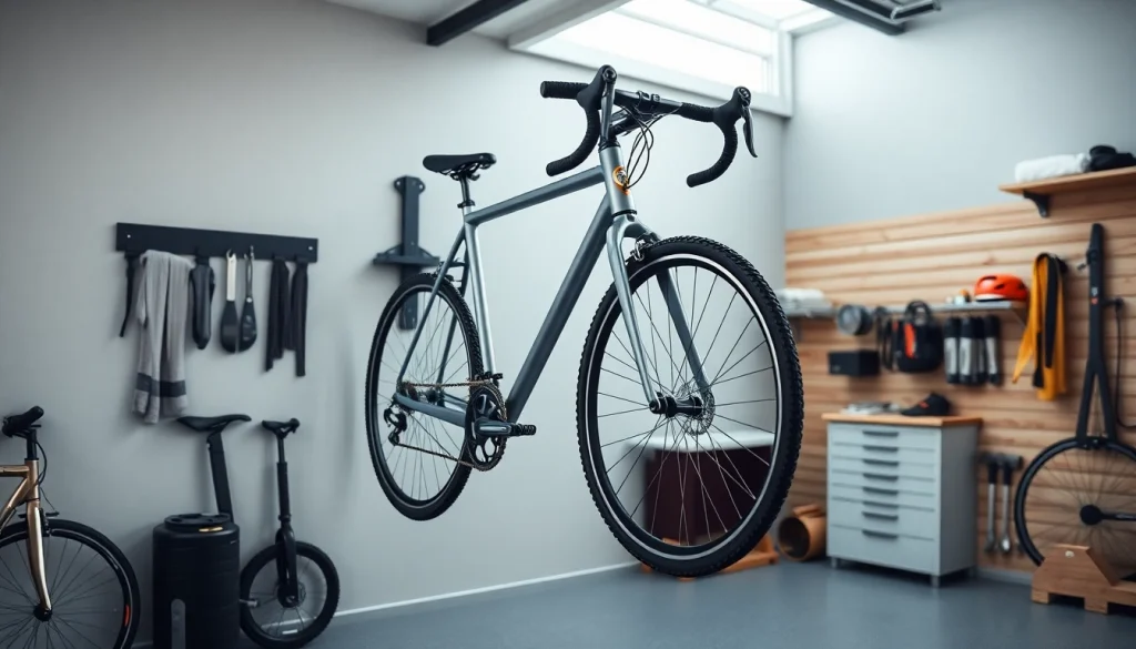 Showcasing a bicycle wall hanger prominently displayed in a modern garage setting.