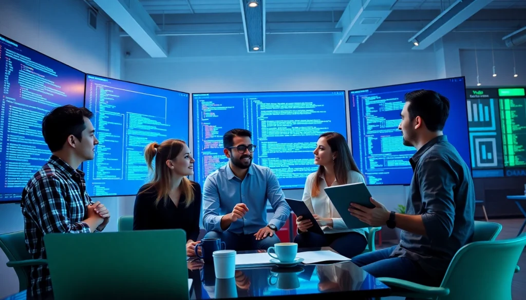 Kansas City web developers collaborating creatively in a modern office.