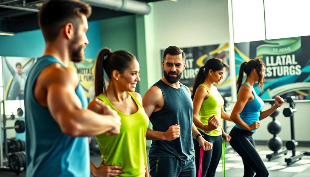 Motivated personal trainer tonbridge guiding clients through workouts in a vibrant gym environment.