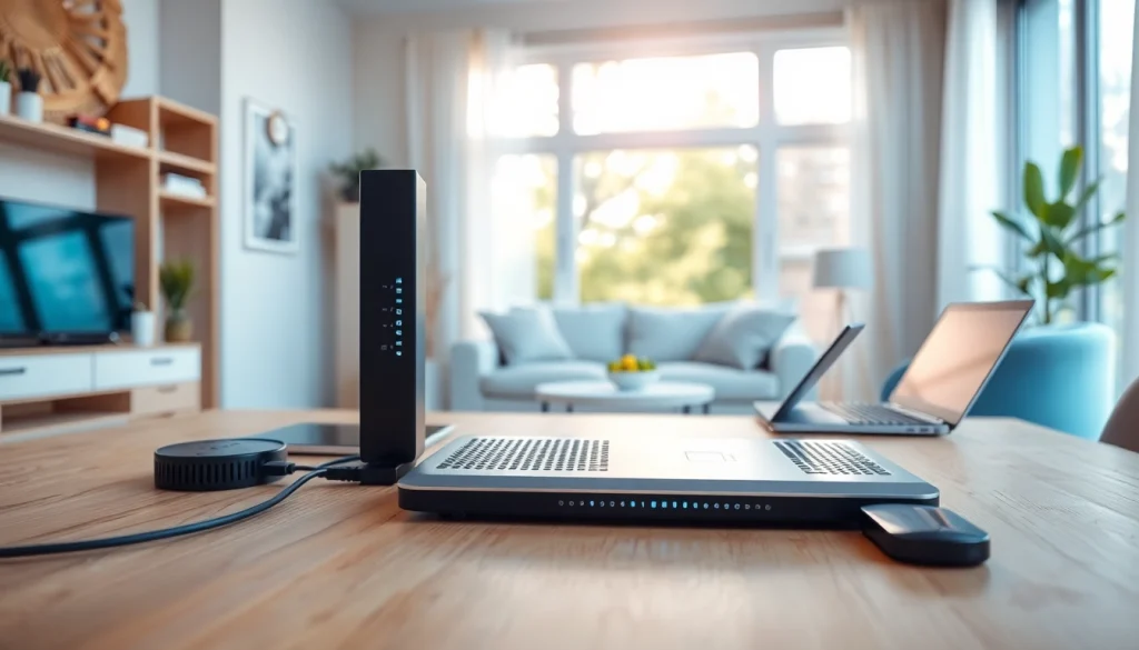 Highlighting sonic fiber reviews, showcasing a modern internet workspace with advanced fiber optics.