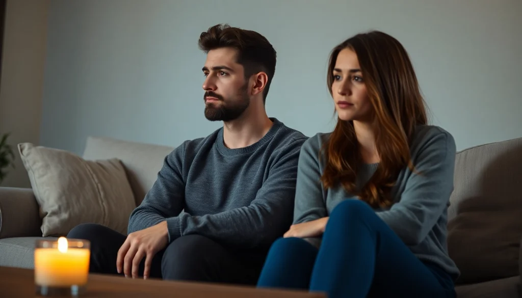 Portray a couple experiencing a relationship breakup in a cozy, emotional setting.