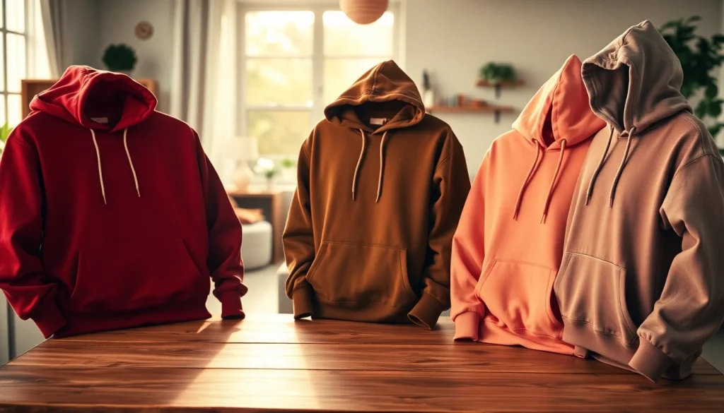Showcase of blank hoodies in various colors on a wooden table highlighting their textures and styles.